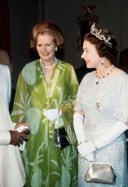 PHOTO: LUSAKA:  Queen Elizabeth II and Margaret Thatcher visit Zambia for the Commonwealth conference in 1979 in Lusaka, Zambia. (Anwar Hussein/Getty Images, FILE)