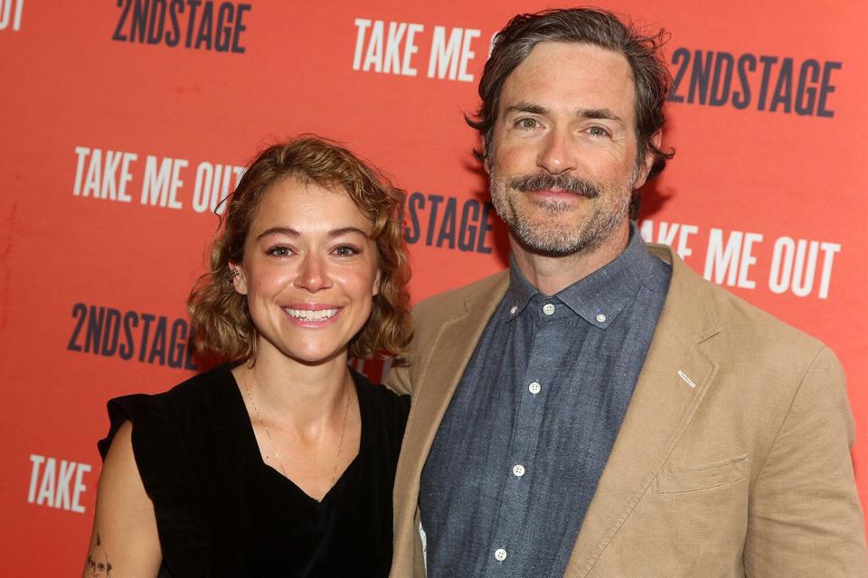 Tatiana Maslany and Brendan Hines pose at the opening night of Second Stage Theater's production of "Take Me Out" on Broadway at The Hayes Theatre on April 4, 2022 in New York City.