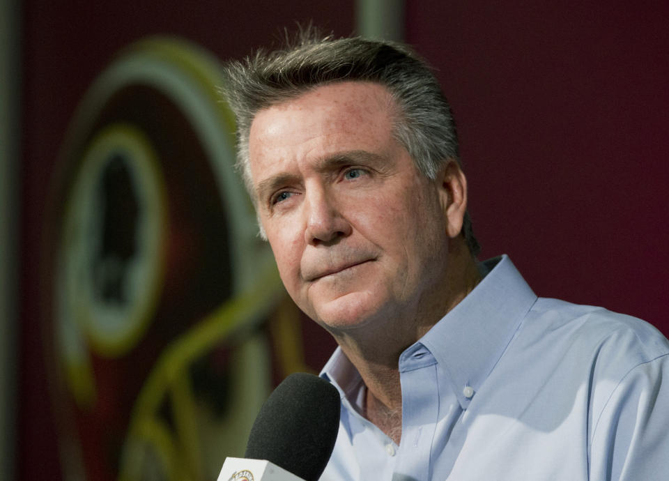 FILE - In this Dec. 31, 2014 file photo, Washington Redskins team President and General Manager Bruce Allen speaks to reporters during an NFL football news conference at the Redskins Park in Ashburn, Va. Allen was fired Monday, Dec. 30, 2019, after a tumultuous and loss-filled decade with the NFL team once coached by his father. (AP Photo/Manuel Balce Ceneta, File)