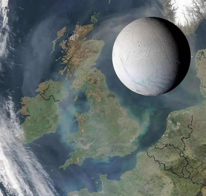 small gray planet superimposed on view of uk from space