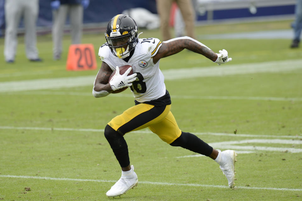 Pittsburgh Steelers wide receiver Diontae Johnson (18) scores his second touchdown of the game against the Tennessee Titans in the first half of an NFL football game Sunday, Oct. 25, 2020, in Nashville, Tenn. (AP Photo/Mark Zaleski)