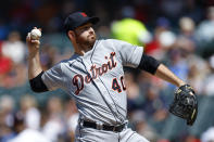 Detroit Tigers starting pitcher Drew Hutchison delivers against the Cleveland Guardians during the first inning in the first baseball game of a doubleheader, Monday, Aug. 15, 2022, in Cleveland. (AP Photo/Ron Schwane)