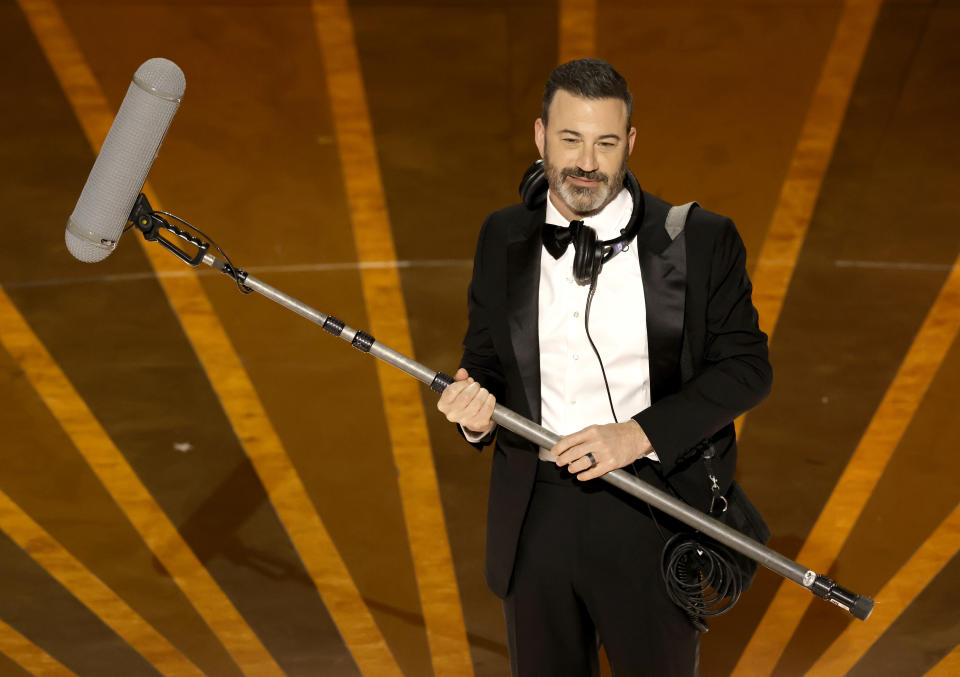 HOLLYWOOD, CALIFORNIA - MARCH 12: Host Jimmy Kimmel speaks onstage during the 95th Annual Academy Awards at Dolby Theatre on March 12, 2023 in Hollywood, California. (Photo by Kevin Winter/Getty Images)