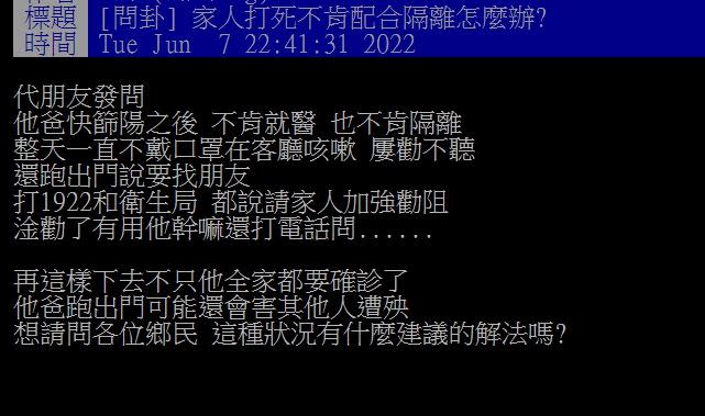 原PO表示，朋友的爸爸快篩陽性，還想跑出門。（圖／翻攝自PTT）