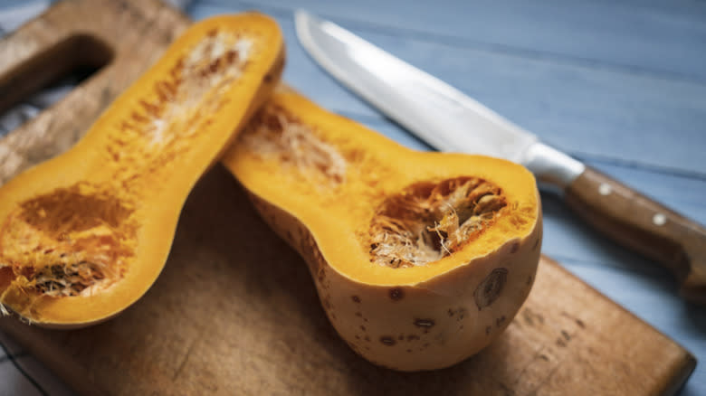 sliced butternut squash on board