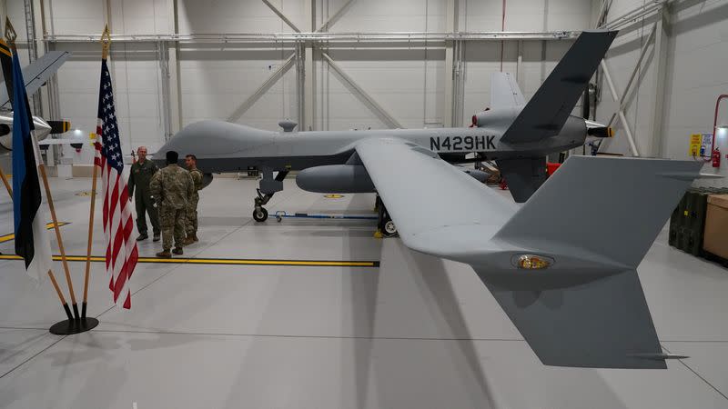 FILE PHOTO: A U.S. Air Force MQ-9 Reaper drone sits in a hanger at Amari Air Base