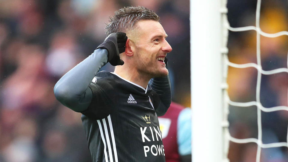 Jamie Vardy of Leicester City celebrates after scoring his team's first goal during the Premier League match between Aston Villa and Leicester City at Villa Park on December 08, 2019 in Birmingham, United Kingdom. (Photo by Catherine Ivill/Getty Images)