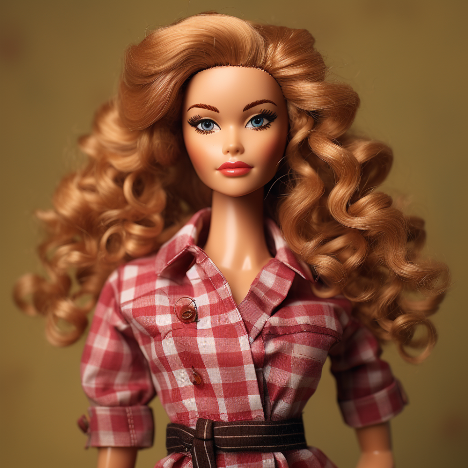 A Barbie wearing a collared shirt dress that ties at the waist