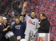 <p>New England Patriots quarterback Tom Brady (12) celebrates with the Lamar Hunt Trophy after defeating the Pittsburgh Steelers in the 2017 AFC Championship Game at Gillette Stadium. Mandatory Credit: Winslow Townson-USA TODAY Sports </p>