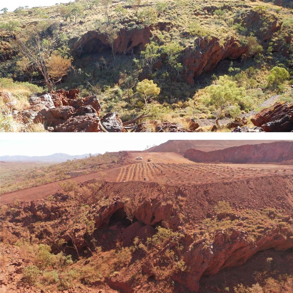 Juukan Gorge in Western Australia before (top) and after (below) demolition - PETER PARKS/AFP