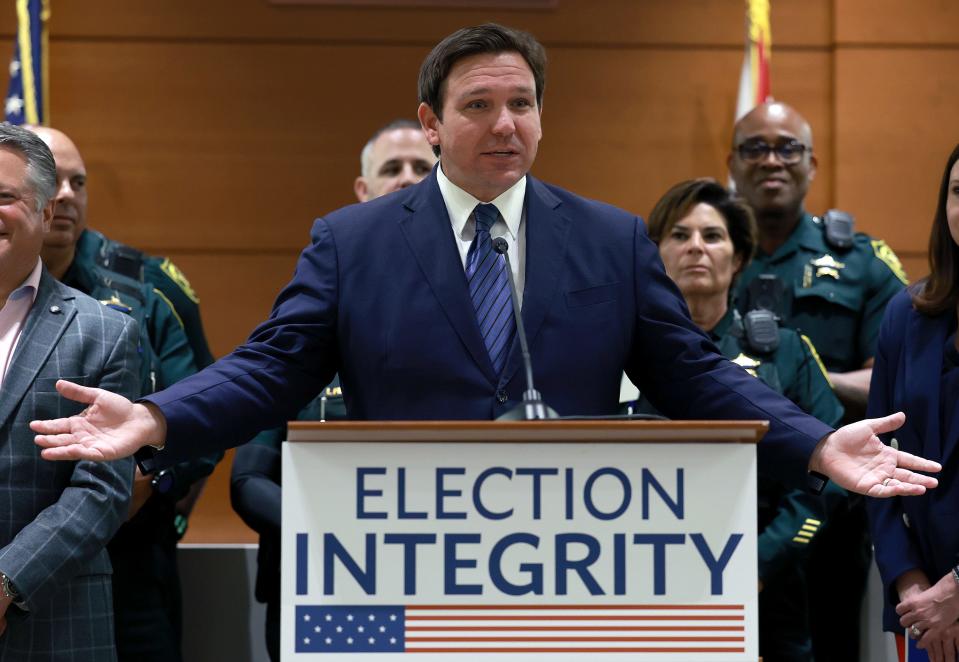 Gov. Ron DeSantis announces that 20 individuals across the state were being arrested for voter fraud, during a press conference at the Broward County Courthouse on Aug. 18 in Fort Lauderdale.