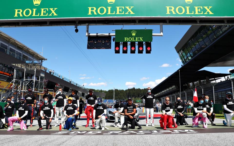 Lewis Hamilton and 13 other F1 drivers take a knee ahead of Austrian Grand Prix - Getty Images