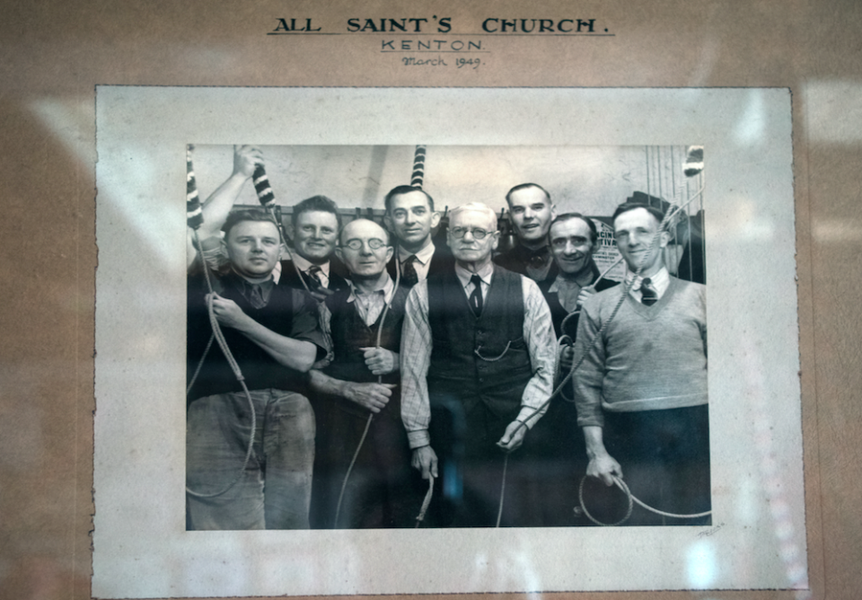 A picture taken in 1949 showing the bell ringing team with Mike Adams' grandfather Frederick Gardener (centre), who was also tower captain. (SWNS)