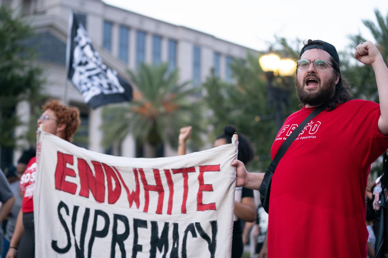 Demonstrators participate in a march after a rally against white supremacy at James Weldon Johnson Park August 28, 2023 in Jacksonville, Florida. Police say that the attack by a gunman on Black customers at a Dollar General Store (Getty Images)