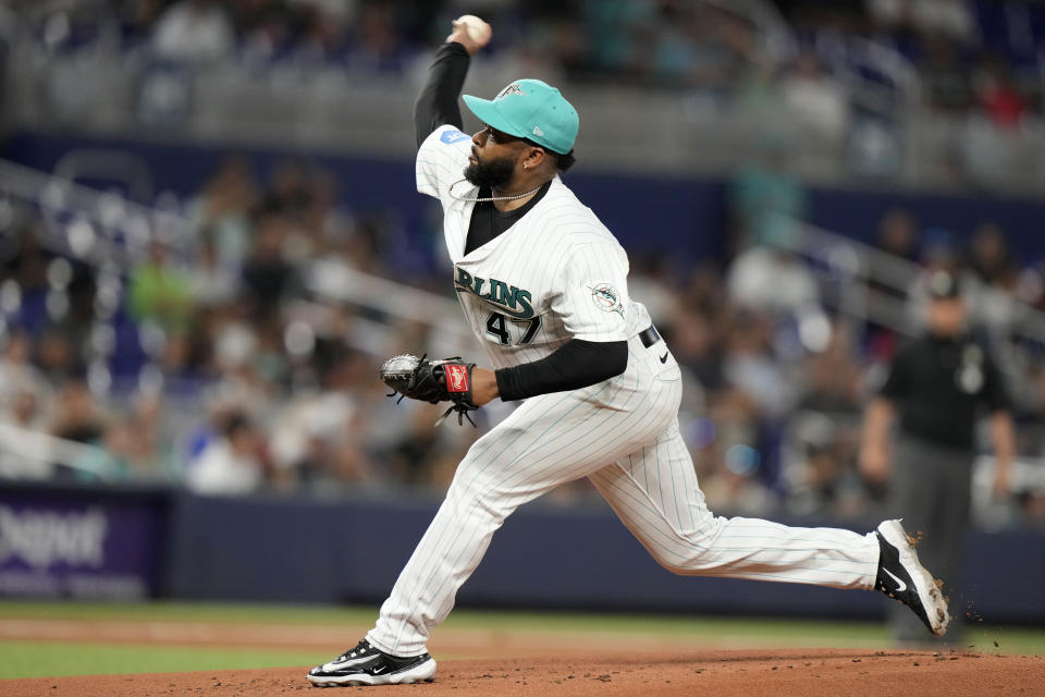 Miami Marlins starting pitcher Johnny Cueto throws during the first inning of a baseball game against the Atlanta Braves, Friday, Sept. 15, 2023, in Miami. (AP Photo/Lynne Sladky)