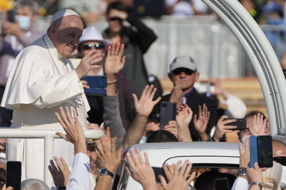 Pope Francis arrives to celebrate a Mass in the esplanade of the National Shrine in Sastin, Slovakia, Wednesday, Sept. 15, 2021. Pope Francis celebrates an open air Mass in Sastin, the site of an annual pilgrimage each September 15 to venerate Slovakia's patron, Our Lady of Sorrows. (AP Photo/Gregorio Borgia)