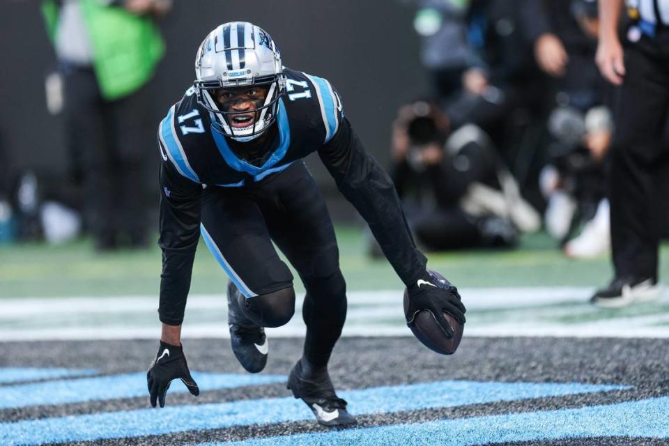 Carolina Panthers wide receiver DJ Chark Jr. (17) celebrates a touchdown in the end zone during the game against the Packers at Bank of America Stadium on Sunday, December 24, 2023. Melissa Melvin-Rodriguez/mrodriguez@charlotteobserver.com