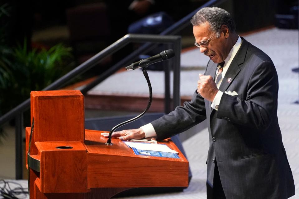 U.S. Rep. Emanuel Cleaver, D-Mo., speaks during a service for former U.S. Rep. Carrie Meek, Tuesday, Dec. 7, 2021, at the Antioch Missionary Baptist Church in Miami Gardens, Fla. Meek, the grandchild of a slave and a sharecropper's daughter who became one of the first Black Floridians elected to Congress since Reconstruction, died last week at 95. (AP Photo/Wilfredo Lee)