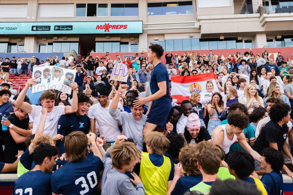 Juan Diego Catholic celebrates after the 3A soccer championship game at America First Field in Sandy on May 12, 2023. | Ryan Sun, Deseret News