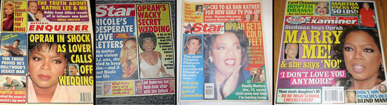 According to the tabloids, Oprah has been planning a wedding for decades. (Photos: <em>National Enquirer</em>/<em>Star</em>/<em>Examiner</em>)