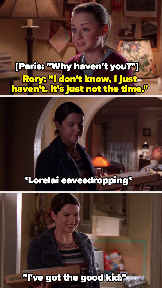 Rory tells Paris she hasn't had sex, Lorelai eavesdrops and mouths to herself "I've got the good kid"