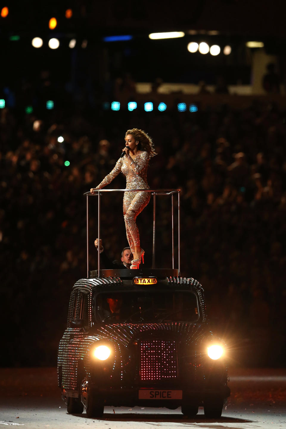 LONDON, ENGLAND - AUGUST 12: Melanie Brown of Spice Girls performs during the Closing Ceremony on Day 16 of the London 2012 Olympic Games at Olympic Stadium on August 12, 2012 in London, England. (Photo by Scott Heavey/Getty Images)