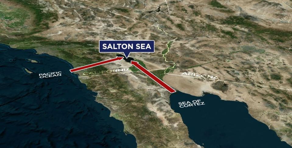 A map shows potential routes to import water, via a canal or pipeline, to the Salton Sea in California. Unlike the Great Salt Lake which is more than 4,000 feet above sea level, the Salton Sea is below sea level, so much of the route to the Salton Sea would be downhill. | KSLTV