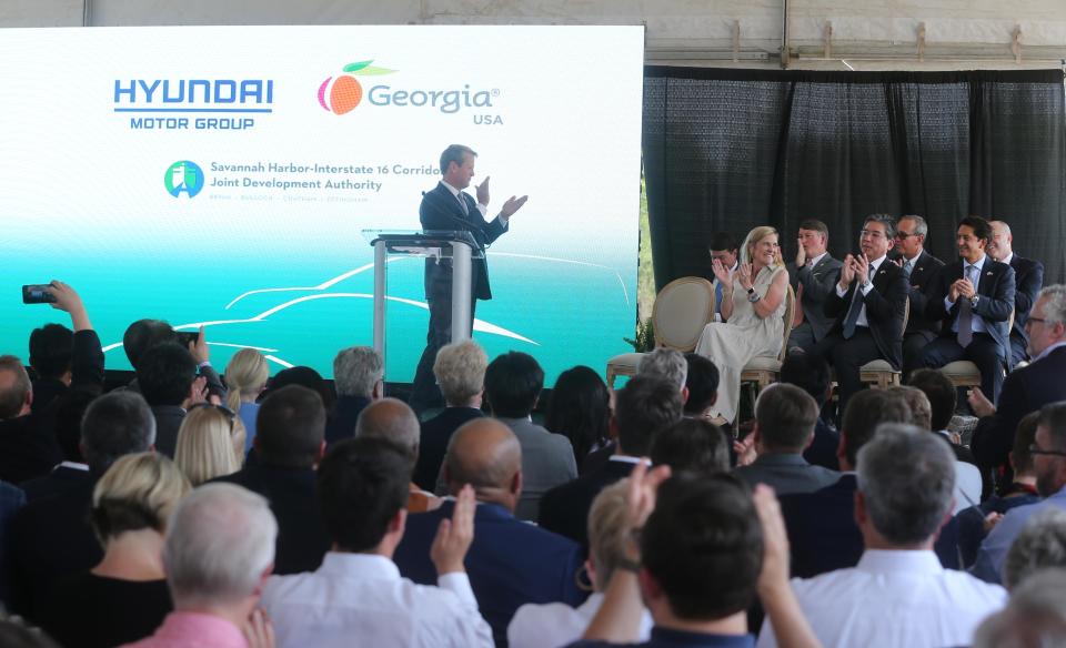 Georgia Governor Brian Kemp celebrates on Friday May 20, 2022 as he officially announces plans By Hyundai Motor Group to build a manufacturing plant in Ellabell Georgia at Bryan County mega-site. The site is located just off Interstate 16.