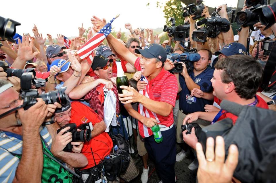 Anthony Kim celebrates the USA’s Ryder Cup victory at Valhalla in 2008.