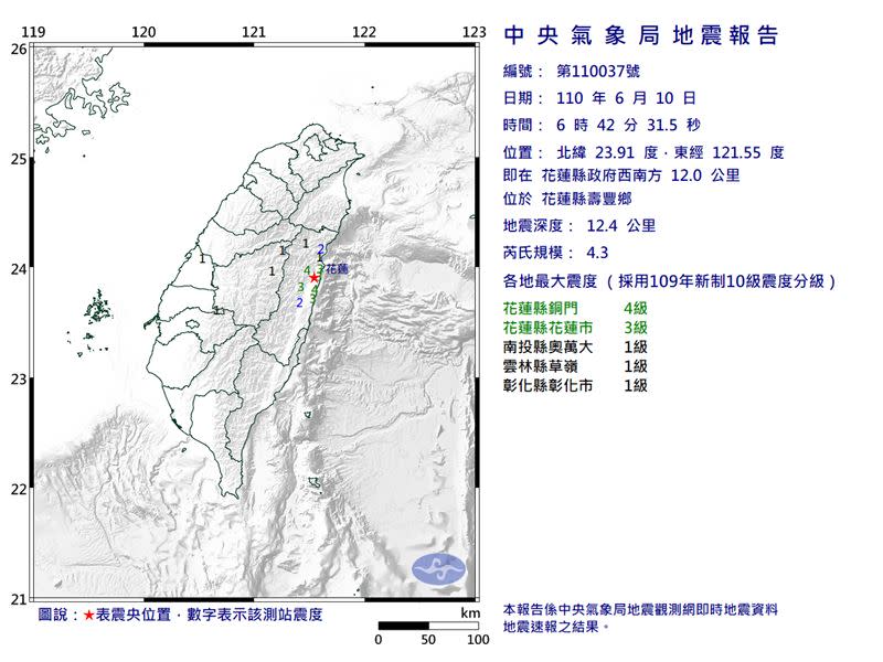 花蓮清晨發生地震。（圖／翻攝自中央氣象局）