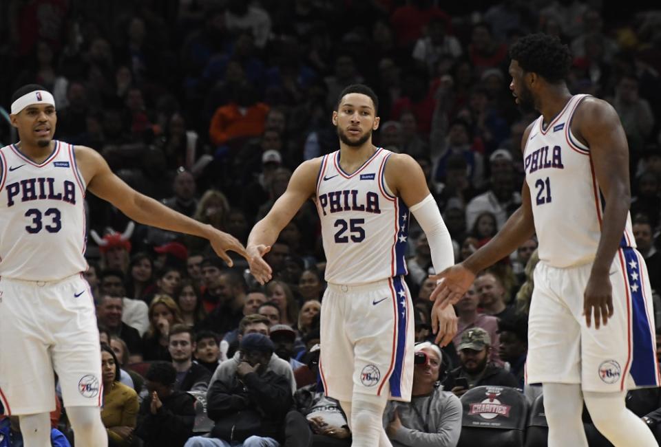 ▲Ben Simmons、Joel Embiid和Tobias Harris合力拿到63分。（圖／美聯社／達志影像）