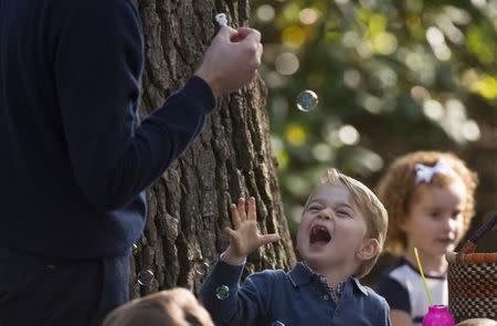 Prince George reacts to bubbles being blown by his father the Duke of Cambridge during a children's party at Government House in Victoria, British Columbia, Canada September 29, 2016. REUTERS/Jonathan Hayward/Pool -