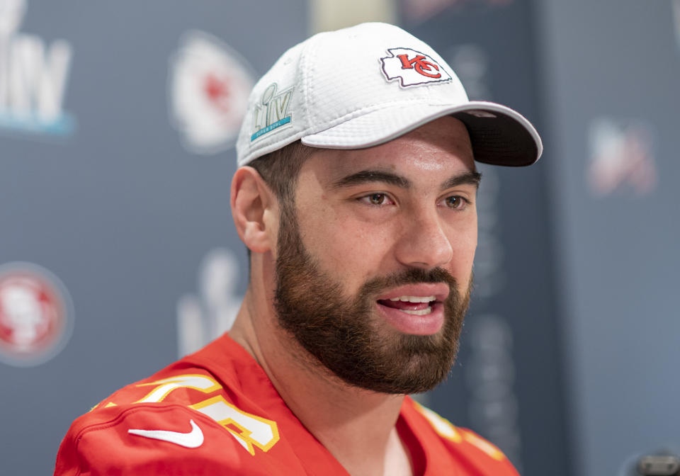 Laurent Duvernay-Tardif speaks to the media during the Kansas City Chiefs' news conference.