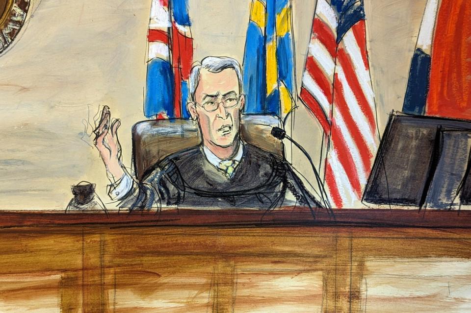 Delaware Superior Court Judge Eric Davis is depicted in a courtroom sketch presiding over the Dominion case on 17 April (AP)