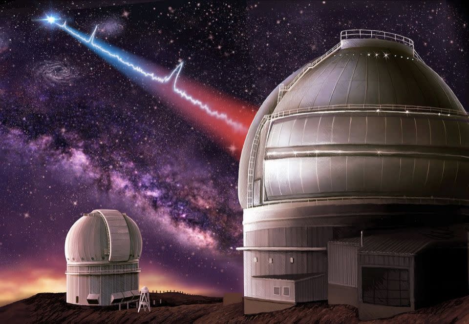 An artist's impression of the Gemini telescope detecting the signal of a fast radio burst in a distant dwarf galaxy. Source: Danielle Futselaar