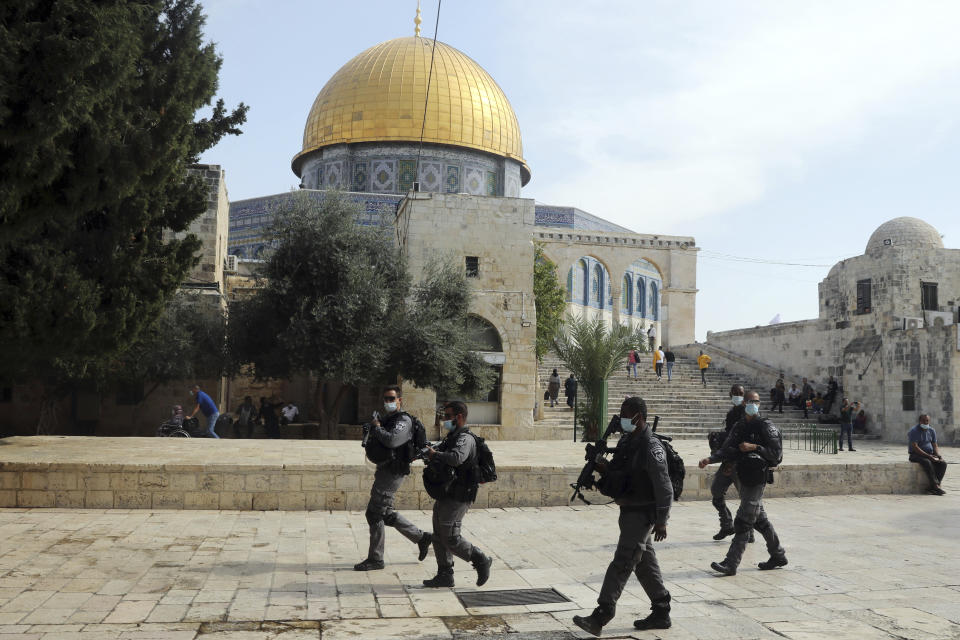 Israeli police patrol the Al Aqsa mosque complex in the Old City of Jerusalem before Palestinians protested against French President Emmanuel Macron and the publication of caricatures of the Muslim Prophet Muhammad after Friday prayers on Oct. 30, 2020. (AP Photo/Mahmoud Illean)