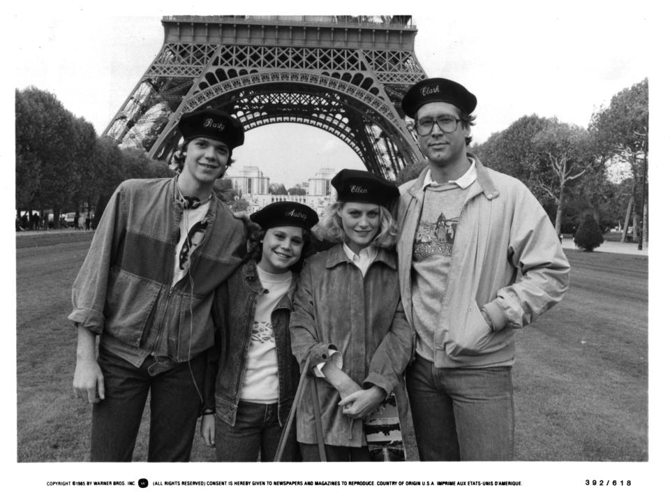 Actor Jason Lively and actresses Dana Hill and  Beverly D'Angelo and actor Chevy Chase on set of the Warner Bros. movie National Lampoon's  "European Vacation" in 1985. (Photo by Michael Ochs Archives/Getty Images)