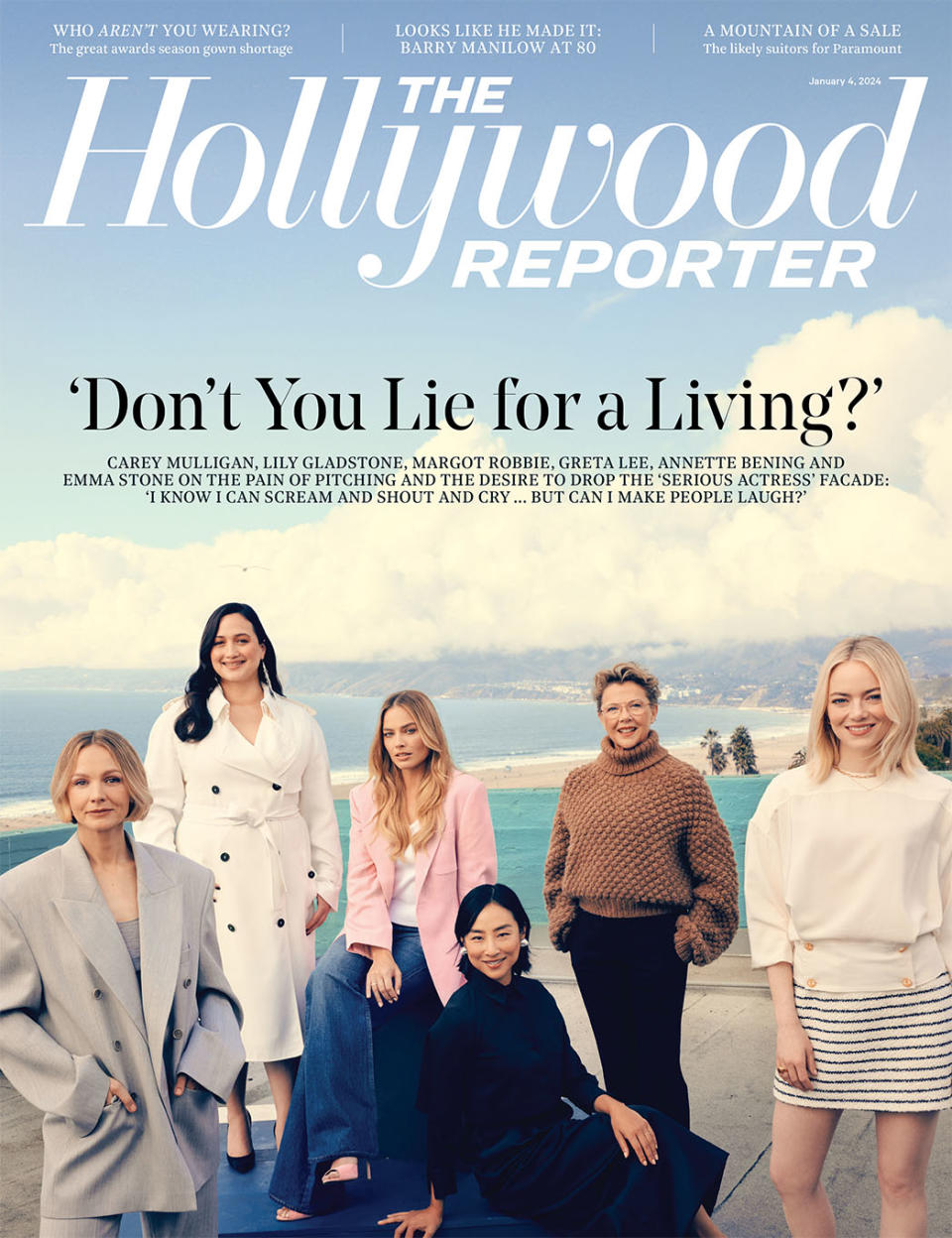 Clockwise from left: Carey Mulligan, Lily Gladstone, Margot Robbie, Annette Bening, Emma Stone and Greta Lee were photographed Nov. 18 at The Georgian Hotel in Santa Monica.