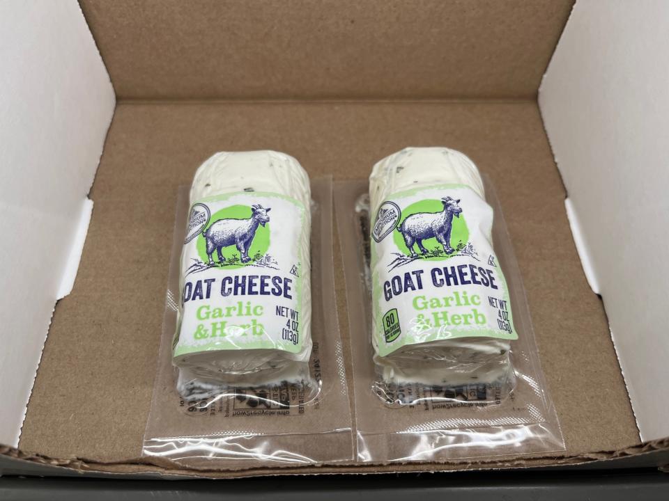 Garlic and herb goat cheese in a box at Aldi.