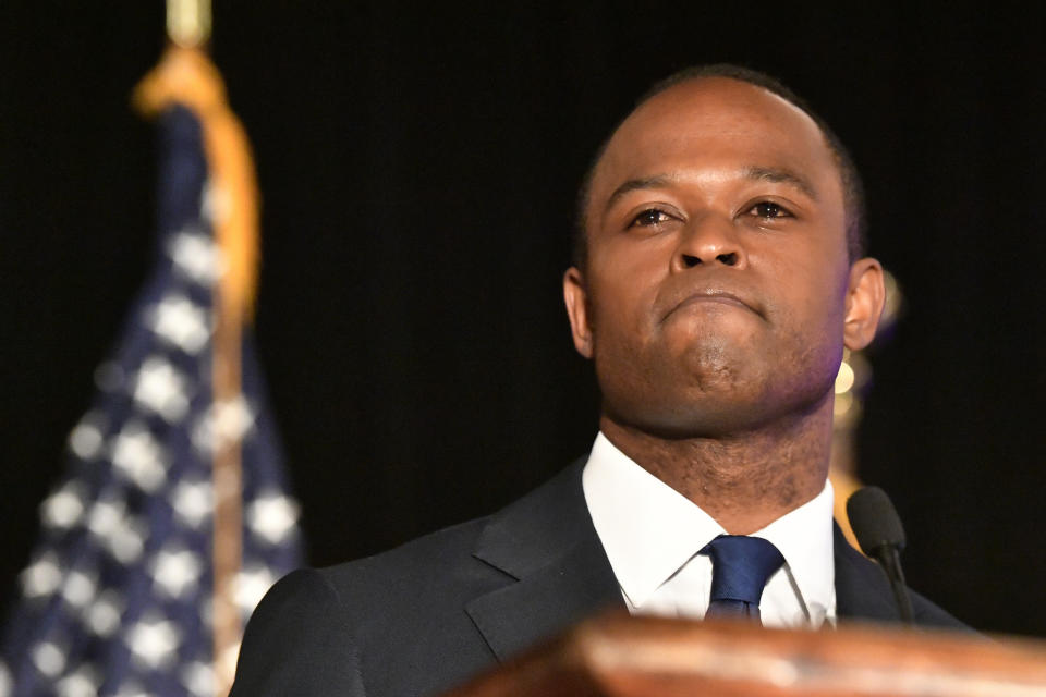 Kentucky Attorney General Daniel Cameron speaks to supporters following his victory in the republican primary in Louisville, Ky., Tuesday, May 16, 2023. (AP Photo/Timothy D. Easley)