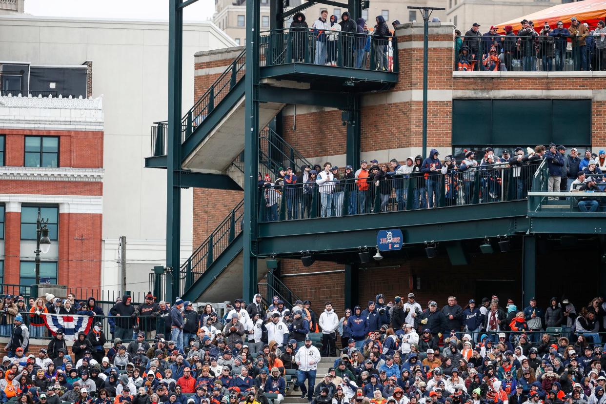 Detroit Tigers fans watch action during the eighth inning of the home opening day against Oakland Athletics at Comerica Park in Detroit on Friday, April 5, 2024.