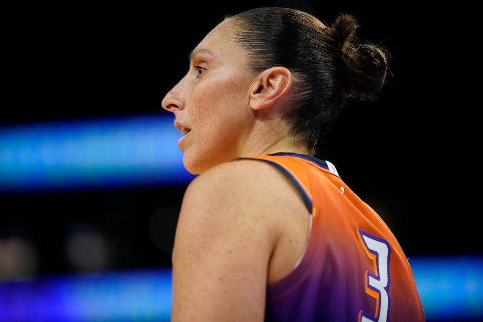 Mercury guard Diana Taurasi reacts to a foul against the Dream during the home opener at the Footprint Center on Saturday, May 18, 2024.