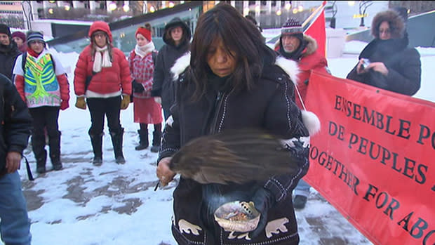 Supporters of the Idle No More movement took part in a sunrise ceremony at Montreal's Place des Arts Monday.