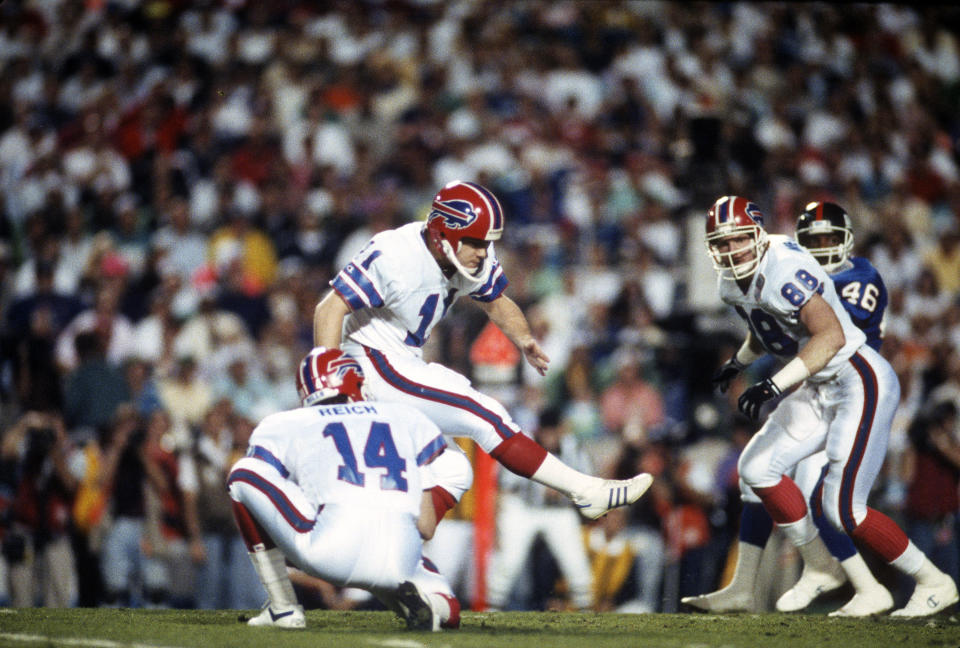 Scott Norwood's miss is one of the saddest moments in Buffalo Bills history.  (Photo by Focus on Sports/Getty Images)