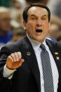 GREENSBORO, NC - MARCH 16: Head coach Mike Krzyzewski of the Duke Blue Devils reacts in the first half while taking on the Lehigh Mountain Hawks during the second round of the 2012 NCAA Men's Basketball Tournament at Greensboro Coliseum on March 16, 2012 in Greensboro, North Carolina. (Photo by Streeter Lecka/Getty Images)