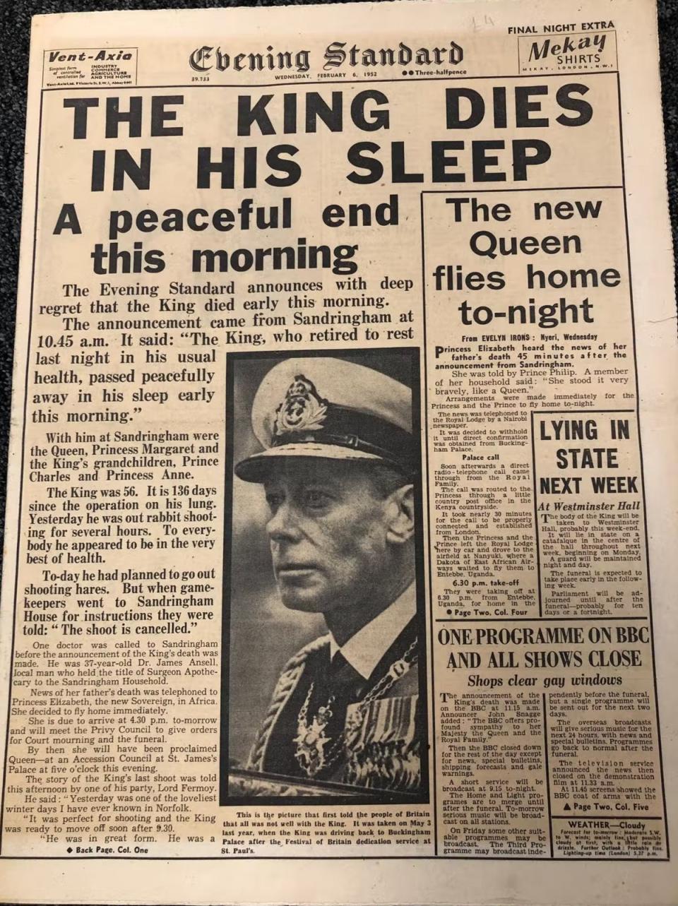 Final Night Extra: Evening Standard breaks the news of King George VI (Ross Lydall)