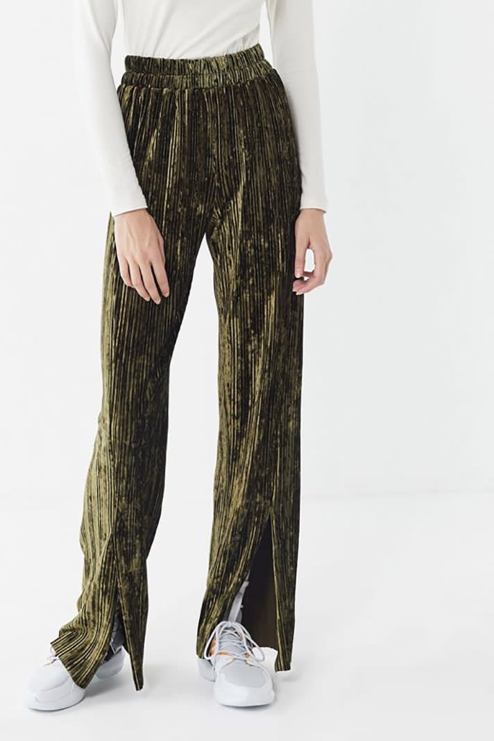 Velvet Pleated Split-Leg Pant