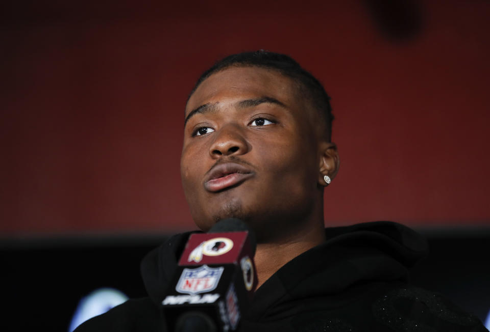 Washington Redskins quarterback Dwayne Haskins (7) speaking during a news conference following an NFL football game against the Philadelphia Eagles, Sunday, Dec. 15, 2019, in Landover, Md. Eagles won 37-27.(AP Photo/Alex Brandon)