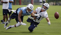 Tennessee Titans wide receiver Marc Mariani, right, can't hang onto a pass as he is defended by cornerback Marc Anthony, left, during NFL football training camp Sunday, July 27, 2014, in Nashville, Tenn. (AP Photo/Mark Humphrey)