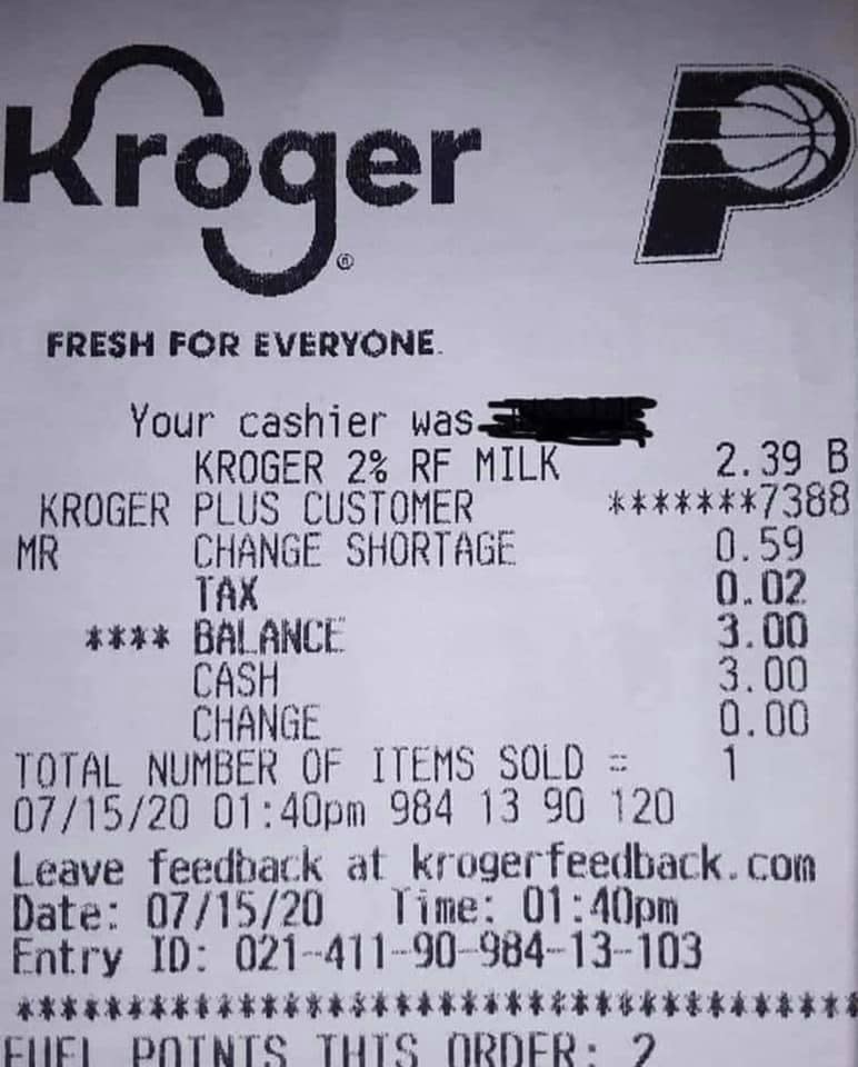 The original receipt showing 'Change Shortage' instead of the falsified 'BLM' charge.